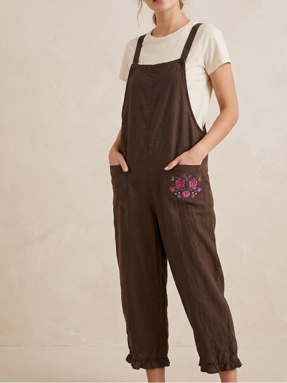 Queen Brown Embroidered Summer Cropped Jumpsuit Overalls Women’s Size Medium